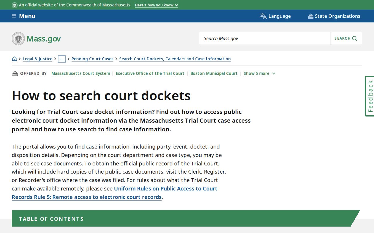 Brockton resident lookup reference showing Massachusetts MassCourts search fields